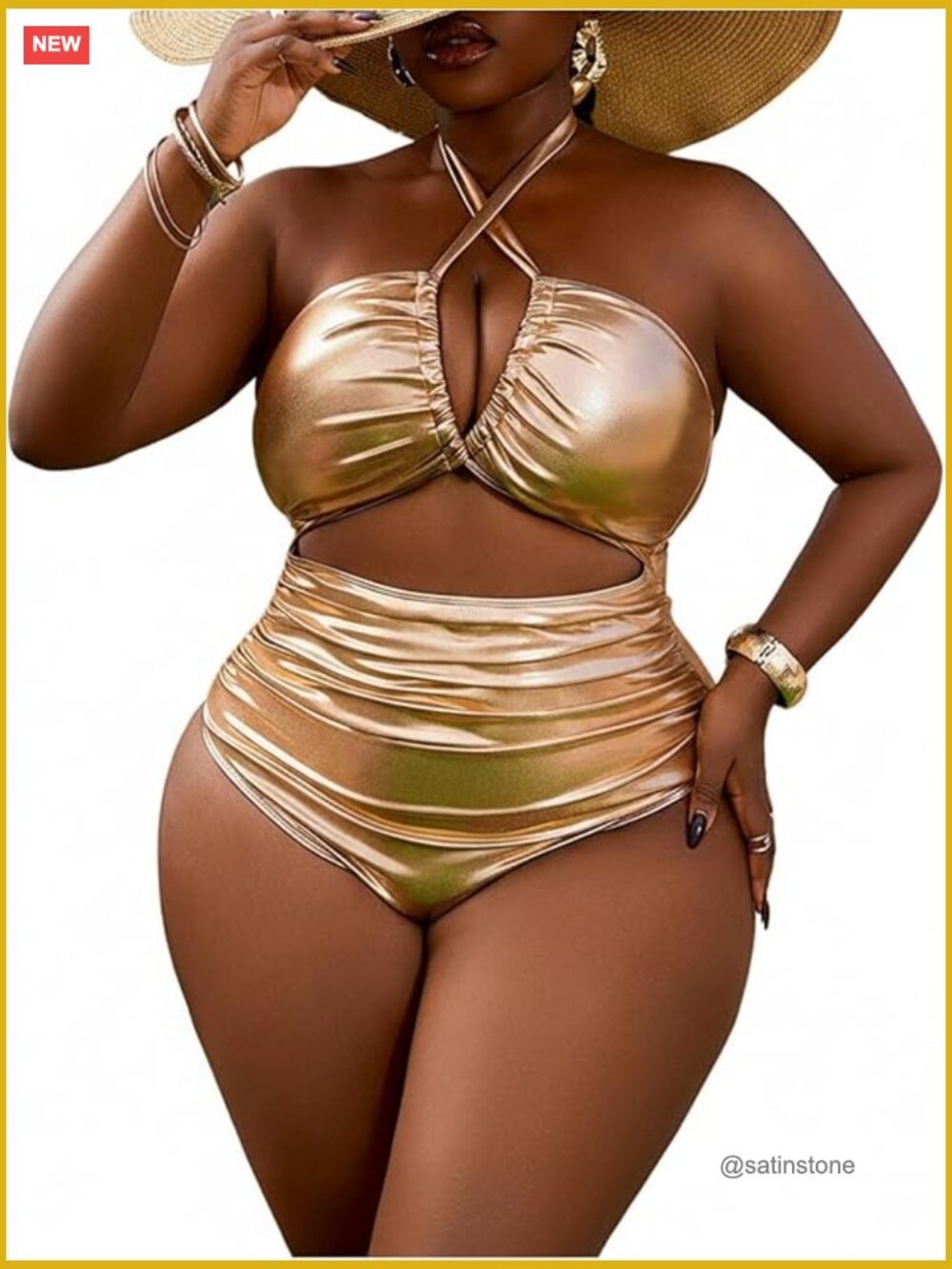 Plus Size Metallic One Piece Swimsuit Criss Cross Cut Out Halter Monokini